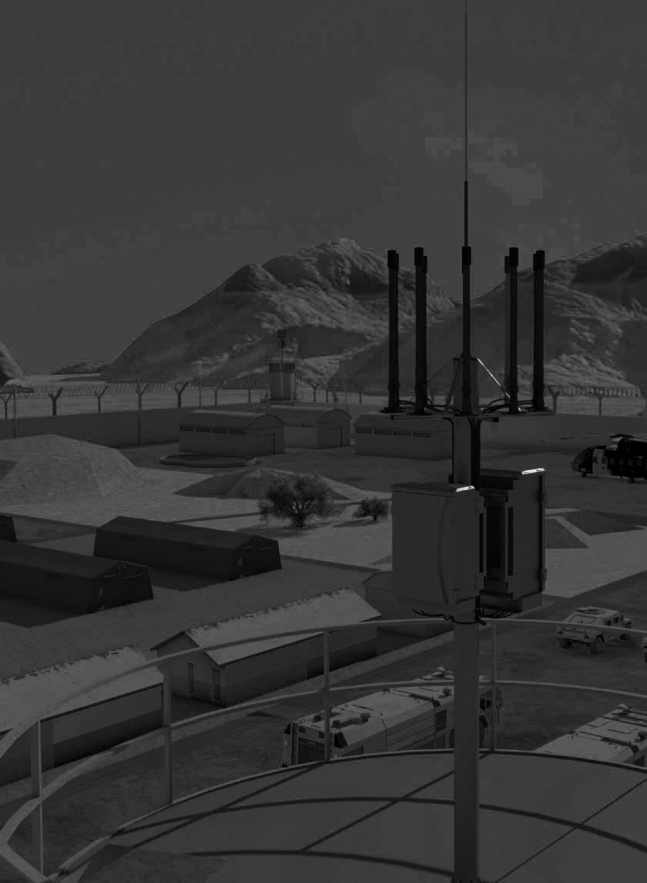 Grayscale fixed-site deployment scene with pole-mounted jamming equipment and support vehicles