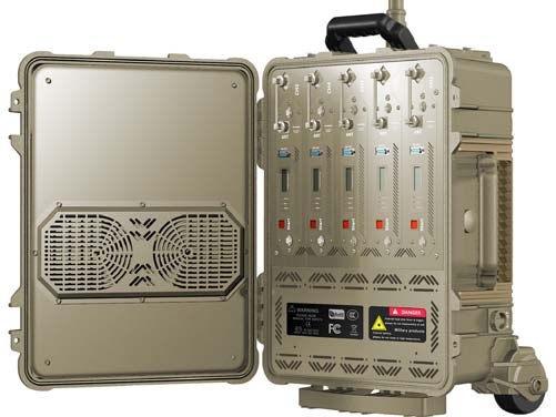 WF-U-K7 seven-band portable jammer in an open wheeled transit case